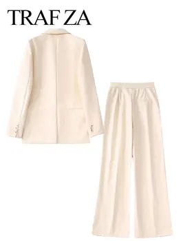 TRAF ZA Ofis Banliyö Kadın Seti Blazer Ceket Katı Bej Tek düğme Uzun kollu Ceket + Pantolon Zip Cep Geniş bacak Pantolon 2