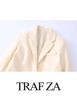 TRAF ZA Ofis Banliyö Kadın Seti Blazer Ceket Katı Bej Tek düğme Uzun kollu Ceket + Pantolon Zip Cep Geniş bacak Pantolon 3