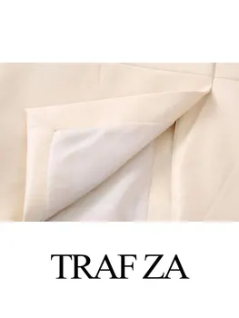 TRAF ZA Ofis Banliyö Kadın Seti Blazer Ceket Katı Bej Tek düğme Uzun kollu Ceket + Pantolon Zip Cep Geniş bacak Pantolon 4