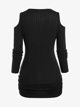 ROSEGAL Siyah Geniş Nervürlü Soğuk Omuz Üstleri Zarif Dantel-up Cut Out Uzun Kollu Bluz Kadın Sonbahar Kış Streetwear Kazak