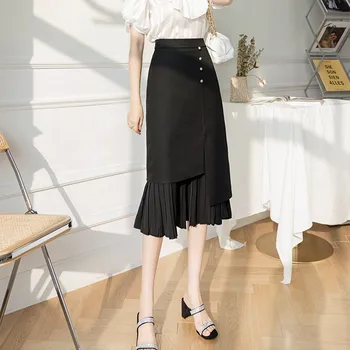 Ofis Bayan Zarif A-line Uzun Etekler Yeni Varış 2021 Sonbahar Moda Kore Tarzı Ruffles Yüksek Bel Kadın Pilili Etek W435 1