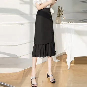 Ofis Bayan Zarif A-line Uzun Etekler Yeni Varış 2021 Sonbahar Moda Kore Tarzı Ruffles Yüksek Bel Kadın Pilili Etek W435 2