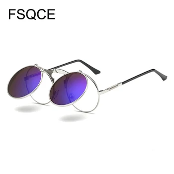 Güneş gözlüğü Erkekler Yeni Moda VİNTAGE Yuvarlak STEAMPUNK Flip Up Sunglass Buhar Punk Kapaklı Tasarım Retro güneş gözlüğü Oculos