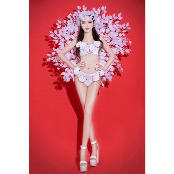 Gece kulübü Kadın DJ Şarkıcı Sahne dans kostümü Modeli Podyum Gösterisi Performans Kıyafet Bikini Çiçek Backboard Kanat Festivali Giyim
