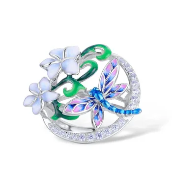 Zarif Emaye Kelebek Yusufçuk Çiçek Tasarım Kristal Yüzük Kadınlar için Nişan alyans takı Kadın Aksesuarları