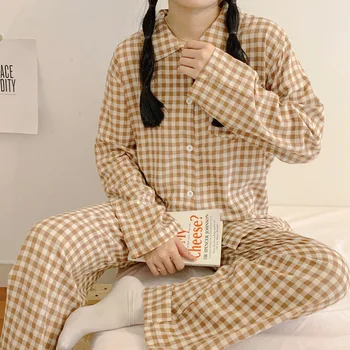 Pijama kadın Uzun kollu Pantolon Sonbahar Tatlı Kız Öğrenci Ekose Giyilebilir Dışında İki parçalı Ev Giyim gündelik giyim