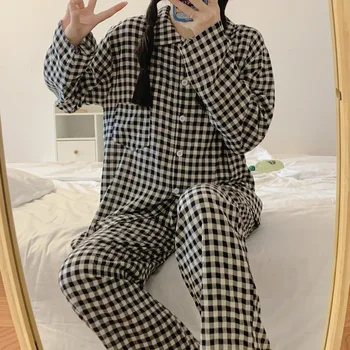 Pijama kadın Uzun kollu Pantolon Sonbahar Tatlı Kız Öğrenci Ekose Giyilebilir Dışında İki parçalı Ev Giyim gündelik giyim 1