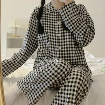 Pijama kadın Uzun kollu Pantolon Sonbahar Tatlı Kız Öğrenci Ekose Giyilebilir Dışında İki parçalı Ev Giyim gündelik giyim 3