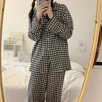 Pijama kadın Uzun kollu Pantolon Sonbahar Tatlı Kız Öğrenci Ekose Giyilebilir Dışında İki parçalı Ev Giyim gündelik giyim 4