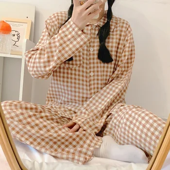 Pijama kadın Uzun kollu Pantolon Sonbahar Tatlı Kız Öğrenci Ekose Giyilebilir Dışında İki parçalı Ev Giyim gündelik giyim 5