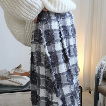 TWOTWINSTYLE Baskı Ekose Uzun Etekler Kadın Yüksek Bel Gevşek Kat Pilili kadın Rahat Etek Moda Streetwear Yeni
