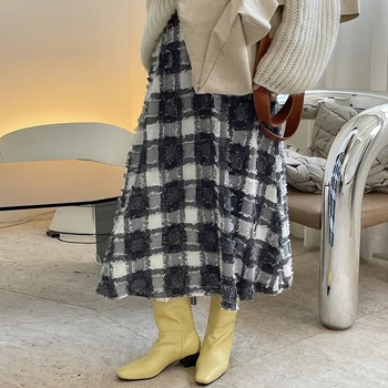 TWOTWINSTYLE Baskı Ekose Uzun Etekler Kadın Yüksek Bel Gevşek Kat Pilili kadın Rahat Etek Moda Streetwear Yeni 2