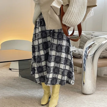 TWOTWINSTYLE Baskı Ekose Uzun Etekler Kadın Yüksek Bel Gevşek Kat Pilili kadın Rahat Etek Moda Streetwear Yeni 3