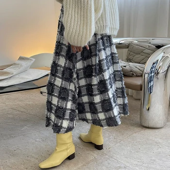 TWOTWINSTYLE Baskı Ekose Uzun Etekler Kadın Yüksek Bel Gevşek Kat Pilili kadın Rahat Etek Moda Streetwear Yeni 4