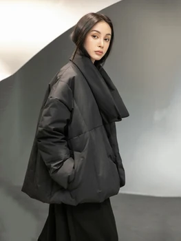 [EEM] Gevşek Fit Siyah Sıcak Kısa Aşağı Ceket Yeni Standı Yaka Uzun Kollu Sıcak Kadın Parkas Moda Sonbahar Kış 2023 1DD1642