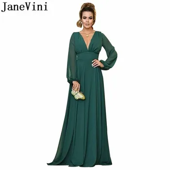 JaneVini Arapça Uzun Kollu Abiye İmparatorluğu V Yaka A-line Yeşil Şifon Gelin Anne Elbise Basit Uzun Kadın Parti Kıyafeti