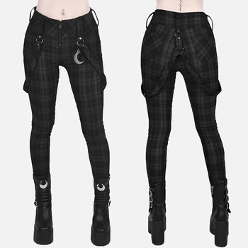 Ekose Pantolon Kadın Gotik Punk Pantolon Yüksek Bel Moda Sıkı Çok Cep Fermuar Y2k Uzun Dipleri Streetwear Kadın kalem pantolon