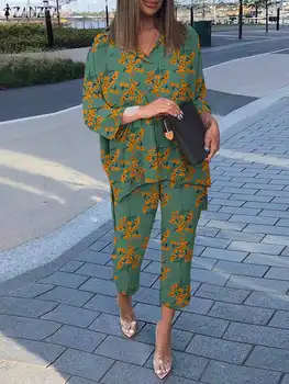 ZANZEA Yaz Kadın Eşleşen Seti 2 ADET Zarif Iş Tatil Takım Elbise Çiçek Baskılı Kısa Kollu Yüksek Düşük Yaka Bluz ve Gevşek Pantolon
