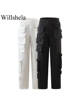Willshela Kadın Moda Katı Ön Fermuar Cepler Pantolon Vintage Yüksek Bel Tam Boy Pantolon Kadın Pantolon