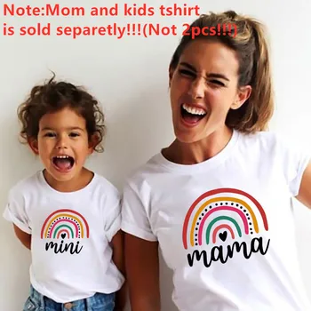 Gökkuşağı Anne Kızı T-shirt Yaz Aile Eşleştirme Kıyafetler Anne Bebek Anne ve Ben Tee-shirt Elbise Kadın Kızlar Casual Tops