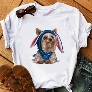 Harajuku Sevimli Küçük Yorkshire Terrier hayvan baskı T Shirt Kadın Yaz Üst Güzel Kızlar Tee Gömlek femme köpek anne sevgilisi t-shirt