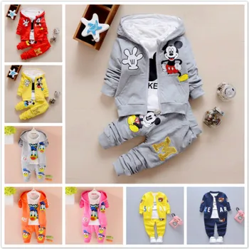 3 adet / takım Erkek Kız Elbise Bebek Karikatür Mickey Mouse Ayı kapüşonlu ceket + T-shirt + Pantolon Çocuk Spor Takım Elbise Çocuk Giyim Eşofman 0