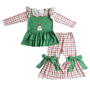 Bebek Kız Noel Kardan Adam Set Uzun Kollu Fırfır Yeşil Üst Bebek Ekose Çan Dipleri Pantolon Çocuk Çocuk Tatil Yeni giysi
