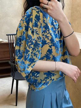 LANMREM Baskı Vintage Puf Kısa Kollu Çiçek Gömlek kadın Gevşek Casual Kazak Tops 2023 Yaz moda giyim 2I113
