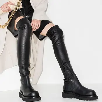 Marka Yeni Bayanlar Tırtıklı Tıknaz Topuklu Çizmeler Moda Platformu Bahar Uyluk Yüksek Çizmeler Kadın 2021 Şık günlük ayakkabı Kadın