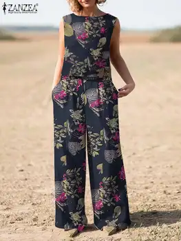ZANZEA Bayan Yaz Eşleşen Setleri Bohemian Kıyafetler 2 Parça Setleri Çiçek Baskılı kolsuz bluz Geniş Bacak Pantolon Setleri Eşofman