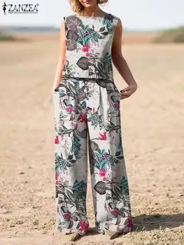 ZANZEA Bayan Yaz Eşleşen Setleri Bohemian Kıyafetler 2 Parça Setleri Çiçek Baskılı kolsuz bluz Geniş Bacak Pantolon Setleri Eşofman 5