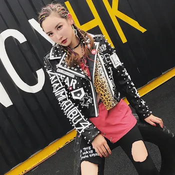 Sonbahar Moda Perçin Deri motosiklet ceketi Kadınlar İçin Punk Tarzı Leopar Mektuplar Baskı Kaya Biker Streetwear