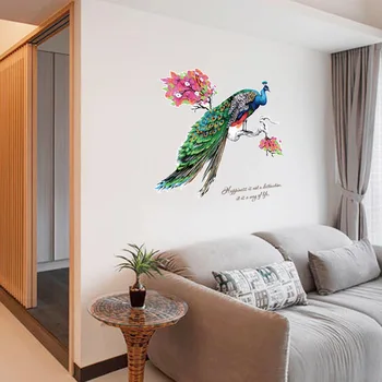 Bir ağaç dalı üzerinde renkli tavuskuşu Duvar Çıkartmaları Oturma odası yatak odası dekorasyon Arka Plan Duvar Çıkartmaları sanat Çıkarılabilir çıkartmalar 4