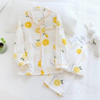 M-XXXL Boyutu bahar yaz pijama iki parçalı bayanlar %100 % pamuklu gazlı bez uzun kollu pantolon basit çiçekler gevşek ev hizmeti seti