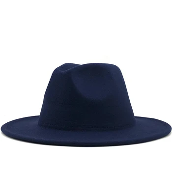Unisex Dış Lacivert ve Mavi İç Kırmızı Yün Keçe Caz fötr şapkalar İnce Kemer Tokası ile Erkekler Kadınlar Geniş Brim Panama Fötr Kap L XL