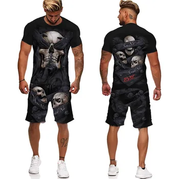 Yaz Yeni Gotik Kafatası 3D Baskı erkek tişört / Takım Elbise Serin Streetwear Kısa Kollu Eşofman Kişilik Üstleri + Şort İki Parçalı Set