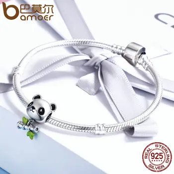 BAMOER Gerçek 100 %925 Ayar Gümüş Güzel Bambu ve Panda Hayvan Charm fit Kızlar Charm Bilezik DIY Takı Kız Hediye SCC325