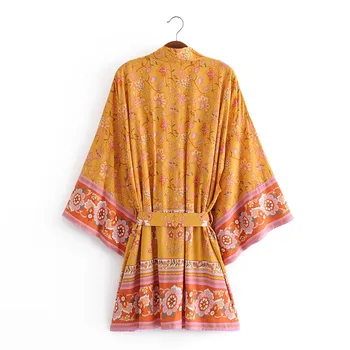 2020 Kadın Bohemian Sarı V Boyun Çiçek Baskı Kimono Gömlek Tatil Plaj Gelgit Yay Sashes Orta Uzun Hırka Bluz BOHO Tops 0