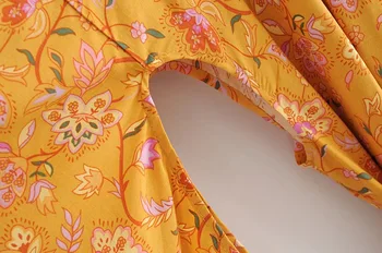 2020 Kadın Bohemian Sarı V Boyun Çiçek Baskı Kimono Gömlek Tatil Plaj Gelgit Yay Sashes Orta Uzun Hırka Bluz BOHO Tops 1