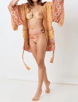2020 Kadın Bohemian Sarı V Boyun Çiçek Baskı Kimono Gömlek Tatil Plaj Gelgit Yay Sashes Orta Uzun Hırka Bluz BOHO Tops 2