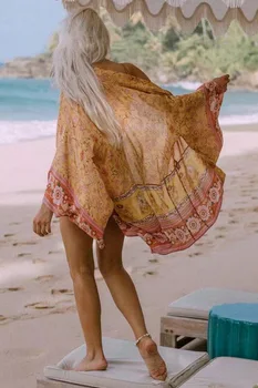2020 Kadın Bohemian Sarı V Boyun Çiçek Baskı Kimono Gömlek Tatil Plaj Gelgit Yay Sashes Orta Uzun Hırka Bluz BOHO Tops 3