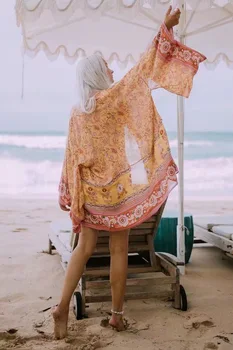 2020 Kadın Bohemian Sarı V Boyun Çiçek Baskı Kimono Gömlek Tatil Plaj Gelgit Yay Sashes Orta Uzun Hırka Bluz BOHO Tops 4