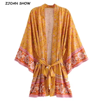 2020 Kadın Bohemian Sarı V Boyun Çiçek Baskı Kimono Gömlek Tatil Plaj Gelgit Yay Sashes Orta Uzun Hırka Bluz BOHO Tops 5