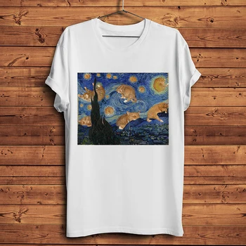 Van Gogh Ayçiçeği Kedi Yıldızlı Gece Edvard Munch Çığlık Miyav Komik Sanatçı Tshirt Erkekler T Gömlek Unisex Streetwear Oluşturulması Adam
