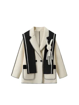 Vintage Yün Palto Sıcak Giyim Kadın Uzun Kollu Kruvaze Blazer Şık Sevimli Tavşan Gevşek Ceket 2022 Sonbahar Kış 1