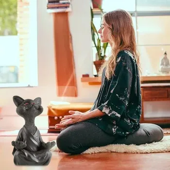 2021 Kaprisli Siyah Buda Kedi Heykelcik Meditasyon Yoga Koleksiyon Mutlu Kedi duvar süsü Heykeller Bahçe Heykelleri Ev Dekor 1