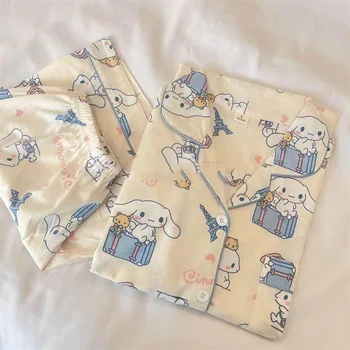 Kawaii Sanrio Cinnamoroll Pompompurin Pochacco Pijama Kız Mavi Ekose Pijama Yaz Pamuk Tatlı Ev Giysileri Iki Parçalı Set