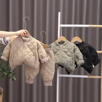 Yeni Kış Moda Çocuk Kız Elbise Bebek Erkek Kalın pamuklu ceket Pantolon 2 adet / takım Toddler Rahat Kostüm Çocuklar Eşofman