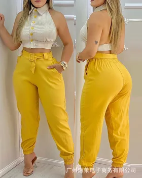 2021 Kadın Yeni Sarı Halter Kolsuz Üst Pantolon Takım Elbise pantolon Bağcıklı 2 parçalı Set Rahat İki Adet Set yaz kıyafetleri