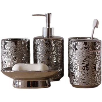 Gümüş Seramik Beş Parçalı Set Hediyeler sabun şişesi Gargara Fincan Sabunluk Diş Fırçası Tutucu Yıkama Araçları Banyo Tuvalet Seti